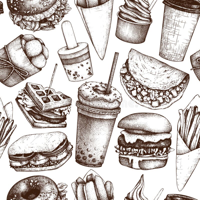 Modelo inconsútil con los ejemplos exhaustos de los alimentos de preparación rápida de la mano Fondo del vintage para el menú del ilustración del vector Modelo inconsútil con los ejemplos exhaustos de los alimentos de preparación rápida de la mano Fondo del vintage para el menú del ilustración del vector