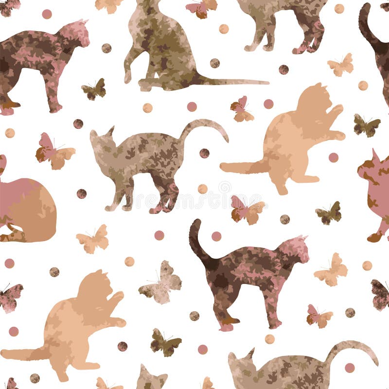Modelo inconsútil con los gatos lindos y las mariposas del café aislados en el fondo blanco Vector eps10 stock de ilustración Modelo inconsútil con los gatos lindos y las mariposas del café aislados en el fondo blanco Vector eps10 stock de ilustración