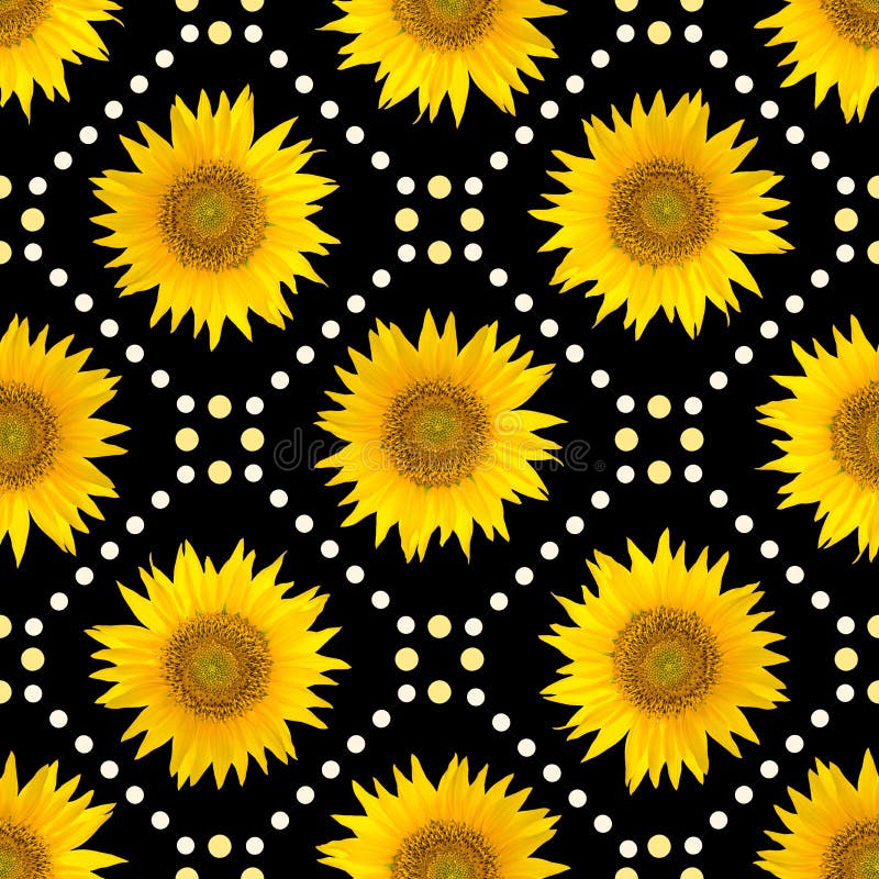 Modelo inconsútil con los girasoles brillantes grandes y los puntos marrones en fondo negro stock de ilustración Modelo inconsútil con los girasoles brillantes grandes y los puntos marrones en fondo negro stock de ilustración