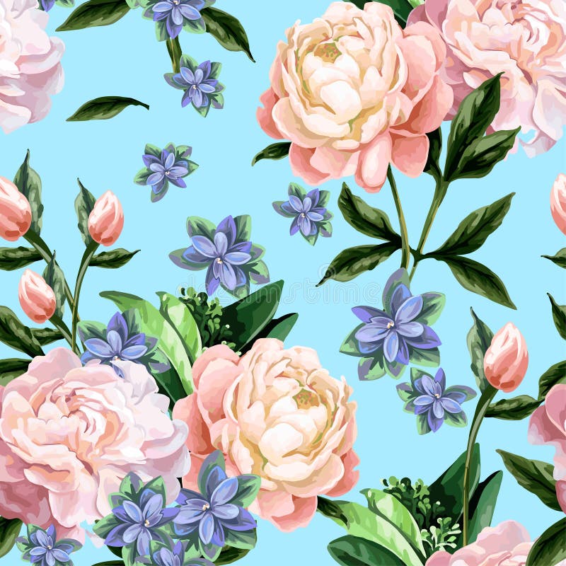 Modelo inconsútil con los peonies. El modelo inconsútil con las peonías y el verde se va en un fondo azul
