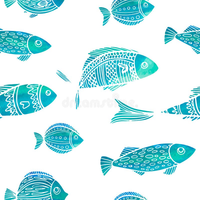 Modelo inconsútil con los pescados de la acuarela doodle ilustración del vector Modelo inconsútil con los pescados de la acuarela doodle ilustración del vector