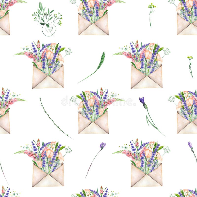 Seamless pattern with watercolor vintage mail envelopes and flowers, hand drawn on a white background. Seamless pattern with watercolor vintage mail envelopes and flowers, hand drawn on a white background