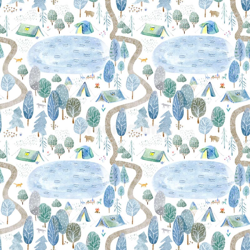 Modelo inconsútil de acampar, lago, camino, zorro, lobo, oso en el bosque ilustración del vector Modelo inconsútil de acampar, lago, camino, zorro, lobo, oso en el bosque ilustración del vector