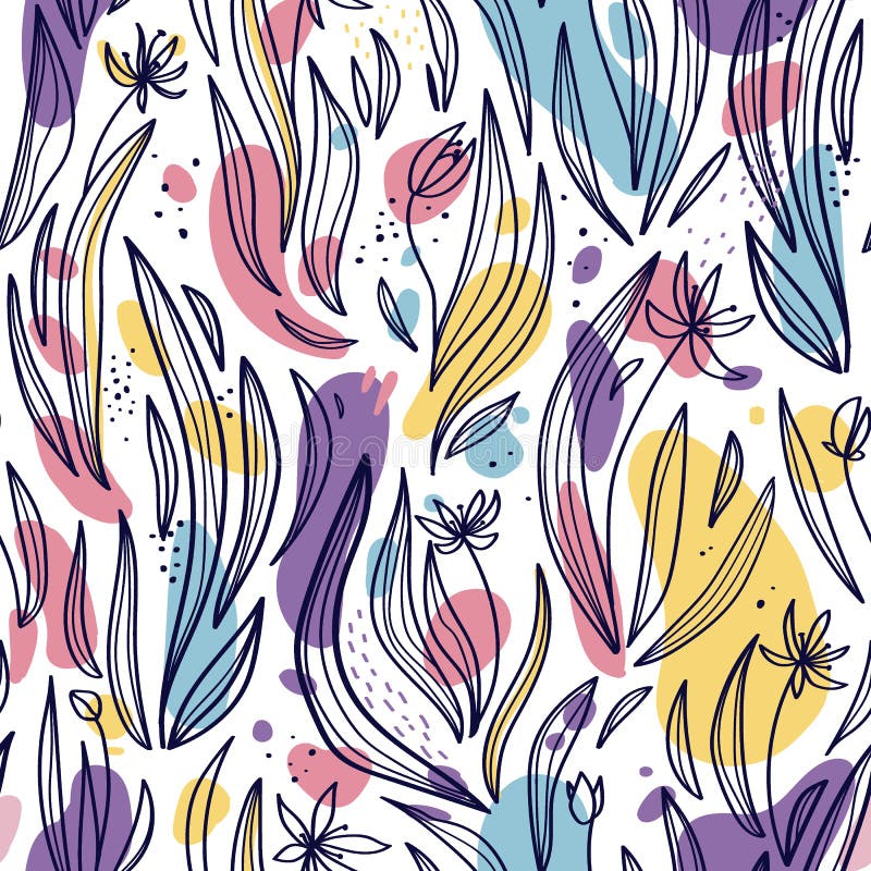 Modelo inconsútil de hojas, de flores y de puntos abstractos en un fondo blanco libre illustration Modelo inconsútil de hojas, de flores y de puntos abstractos en un fondo blanco libre illustration