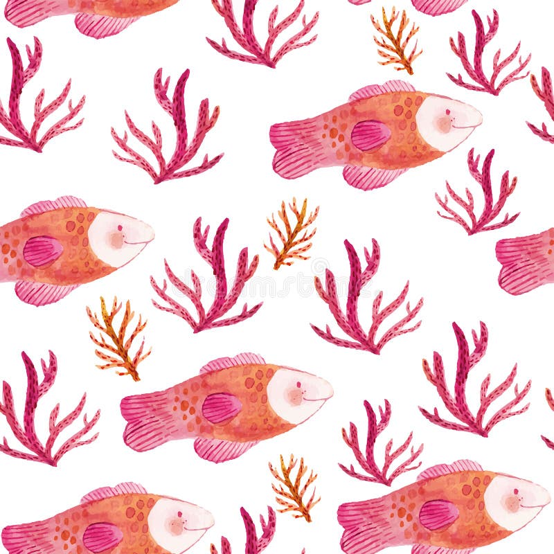 Modelo inconsútil de la acuarela con los pescados y las algas marinas ilustración del vector Modelo inconsútil de la acuarela con los pescados y las algas marinas ilustración del vector