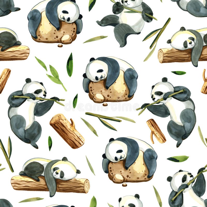 Modelo inconsútil de la acuarela de la diversas panda y hojas ilustración del vector Modelo inconsútil de la acuarela de la diversas panda y hojas ilustración del vector