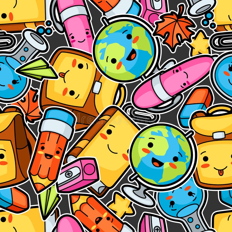 Modelo inconsútil de la escuela de Kawaii con las fuentes lindas de la educación ilustración del vector Modelo inconsútil de la escuela de Kawaii con las fuentes lindas de la educación ilustración del vector