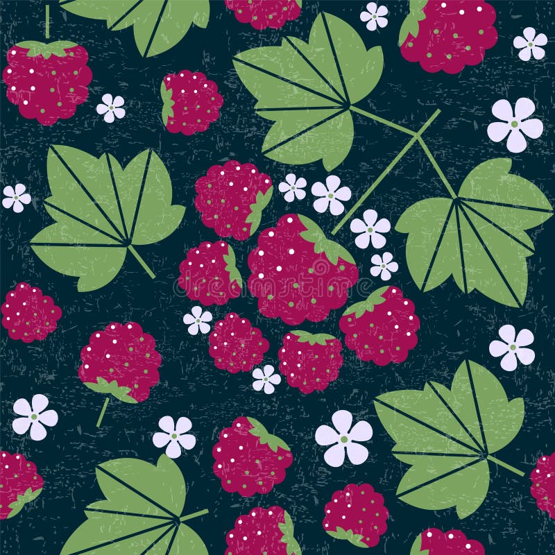 Modelo inconsútil de la frambuesa Frambuesas con las hojas y las flores en fondo lamentable Ejemplo plano simple original ilustración del vector Modelo inconsútil de la frambuesa Frambuesas con las hojas y las flores en fondo lamentable Ejemplo plano simple original ilustración del vector