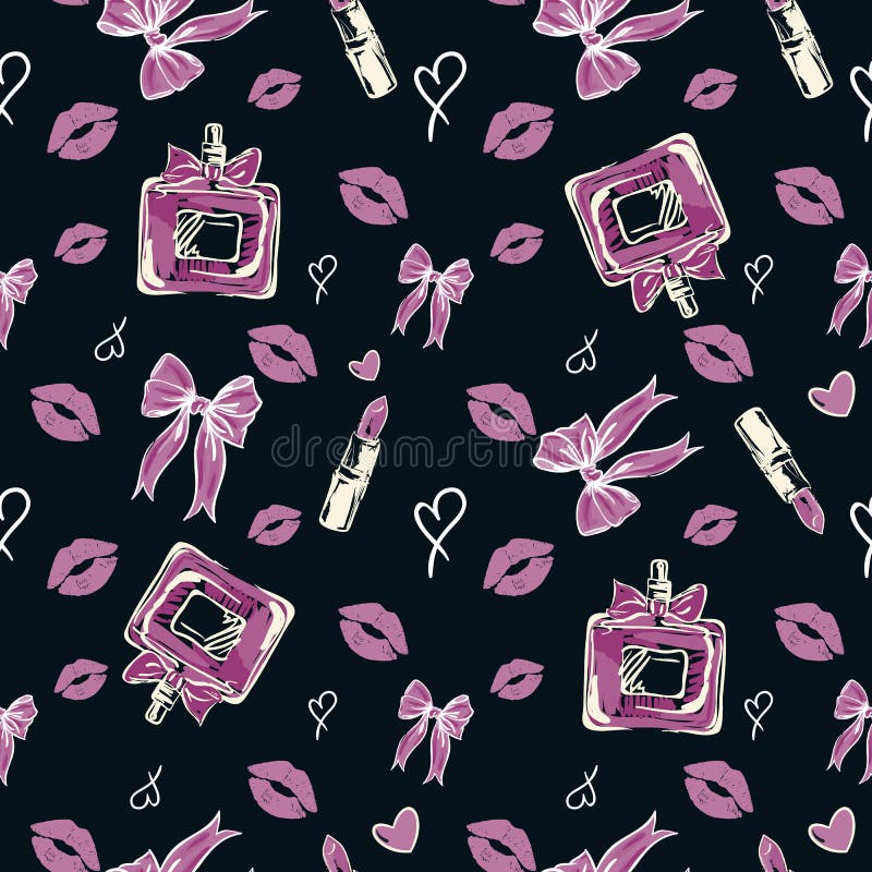 Modelo inconsútil de la moda del encanto en color rosado en fondo negro stock de ilustración Modelo inconsútil de la moda del encanto en color rosado en fondo negro stock de ilustración