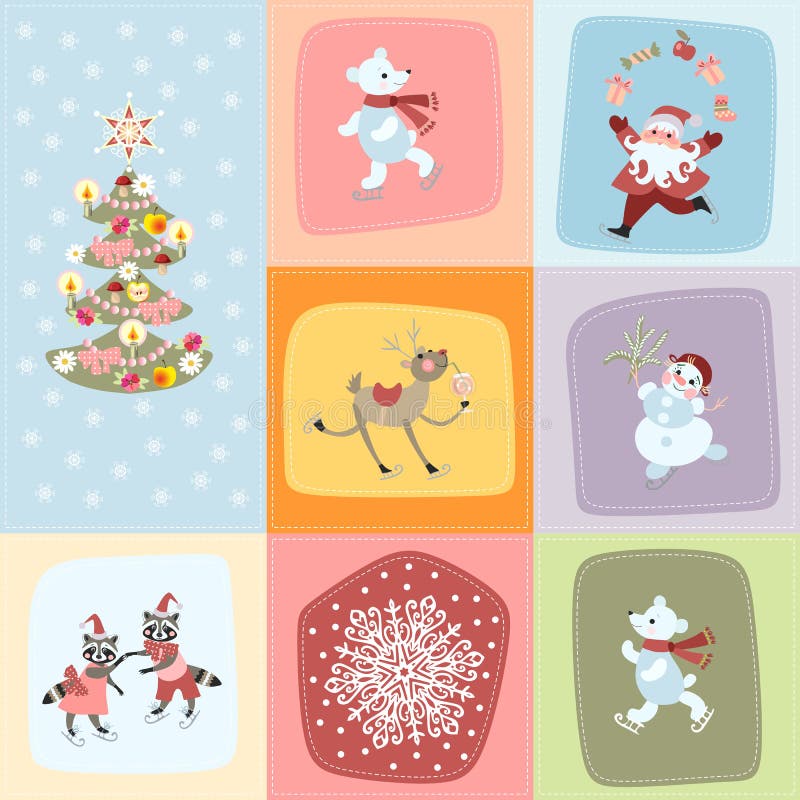 Modelo inconsútil de la Navidad con el árbol de navidad, Santa Claus, ciervo divertido, oso polar, mapaches preciosos, muñeco de libre illustration Modelo inconsútil de la Navidad con el árbol de navidad, Santa Claus, ciervo divertido, oso polar, mapaches preciosos, muñeco de libre illustration