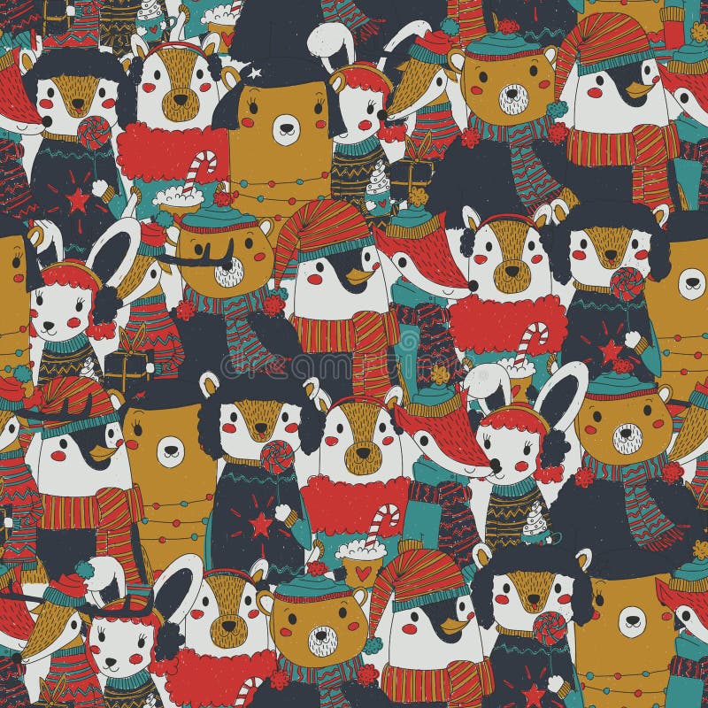 Modelo inconsútil de la Navidad del vintage de la trama con los animales festivos que llevan la ropa caliente del invierno Navida ilustración del vector Modelo inconsútil de la Navidad del vintage de la trama con los animales festivos que llevan la ropa caliente del invierno Navida ilustración del vector