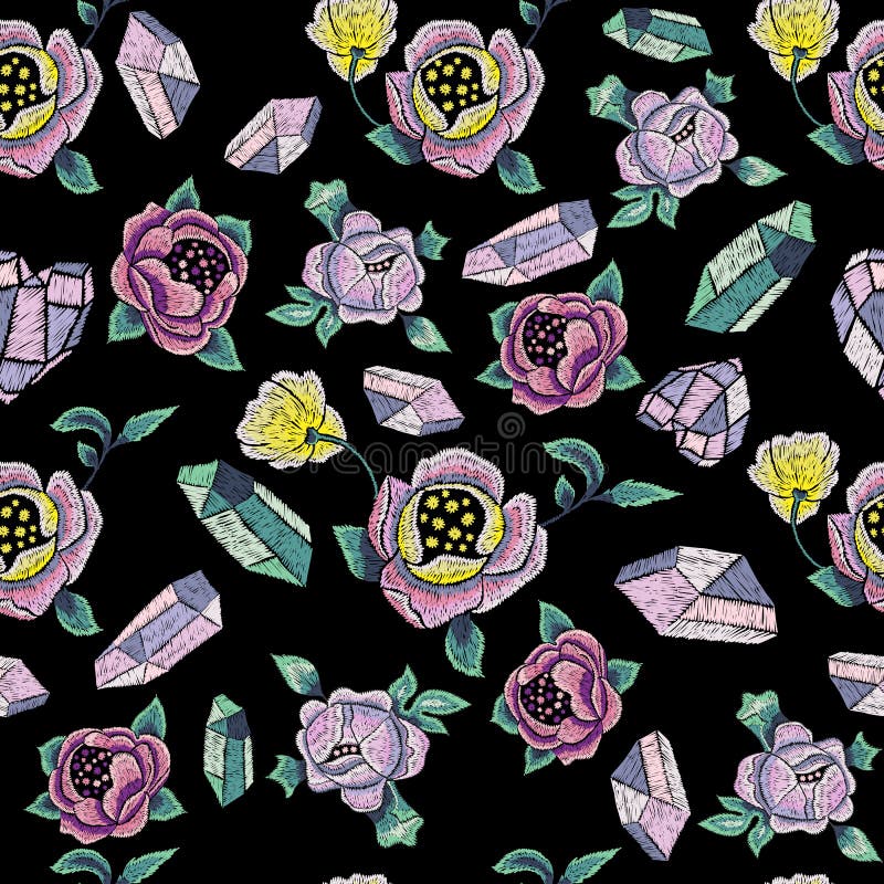 Modelo inconsútil de la tendencia del bordado con las gemas y las flores ilustración del vector Modelo inconsútil de la tendencia del bordado con las gemas y las flores ilustración del vector