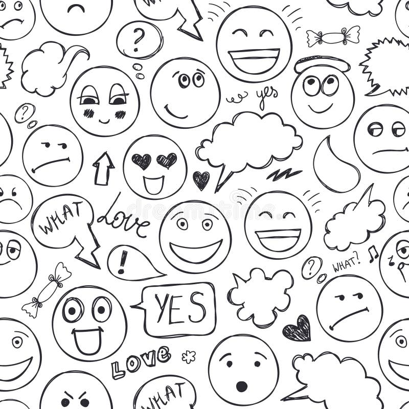 Modelo inconsútil de las caras del vector Emociones, garabato, fondo del dibujo a pulso stock de ilustración Modelo inconsútil de las caras del vector Emociones, garabato, fondo del dibujo a pulso stock de ilustración