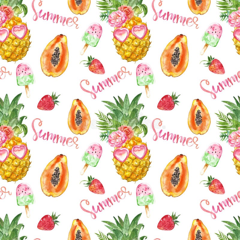 Modelo inconsútil de las frutas del verano Diversión e impresión linda con los polos de la piña, de la papaya, de la fresa y de l stock de ilustración Modelo inconsútil de las frutas del verano Diversión e impresión linda con los polos de la piña, de la papaya, de la fresa y de l stock de ilustración