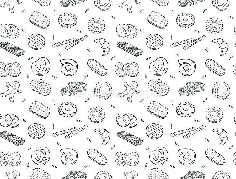 Modelo inconsútil de las galletas y de la galleta del garabato stock de ilustración Modelo inconsútil de las galletas y de la galleta del garabato stock de ilustración
