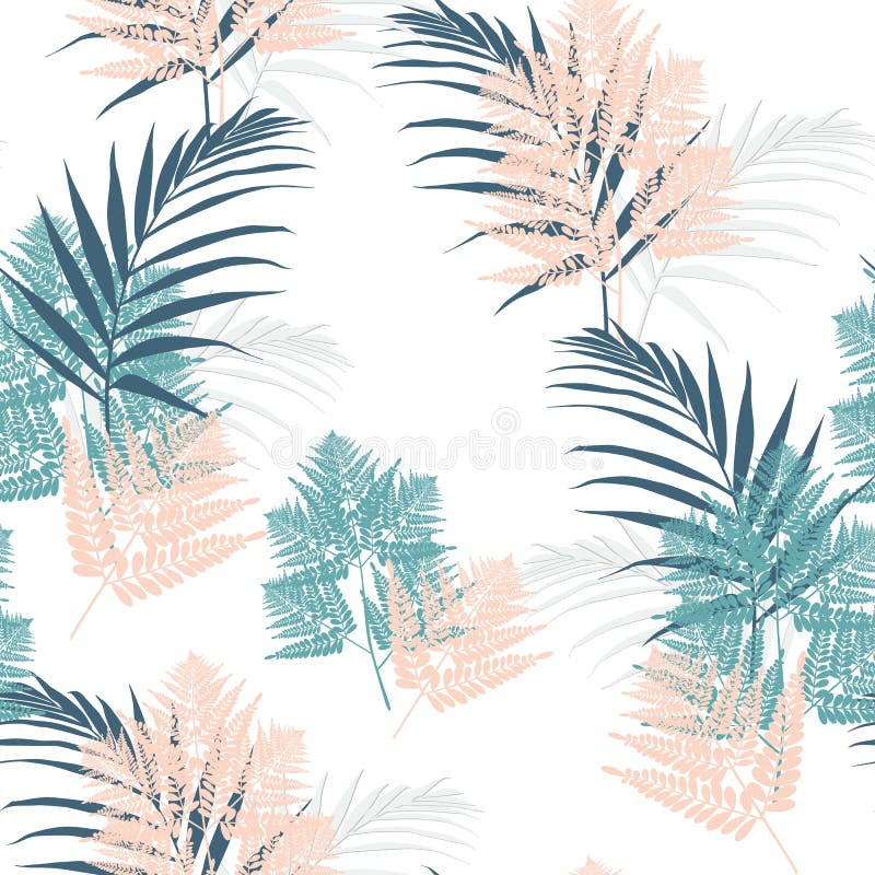 Modelo inconsútil de las hojas tropicales del helecho y de la palma La planta de Bush deja la decoración en el fondo blanco ilustración del vector Modelo inconsútil de las hojas tropicales del helecho y de la palma La planta de Bush deja la decoración en el fondo blanco ilustración del vector