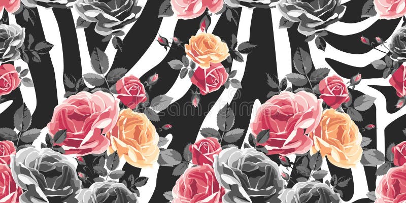 Modelo inconsútil de las rosas en fondo de la cebra Impresión abstracta animal stock de ilustración Modelo inconsútil de las rosas en fondo de la cebra Impresión abstracta animal stock de ilustración