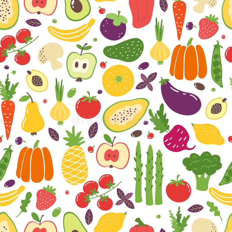 Modelo inconsútil de las verduras planas Frutas coloridas exhaustas de la mano, comida vegetariana natural orgánica Verduras del ilustración del vector Modelo inconsútil de las verduras planas Frutas coloridas exhaustas de la mano, comida vegetariana natural orgánica Verduras del ilustración del vector
