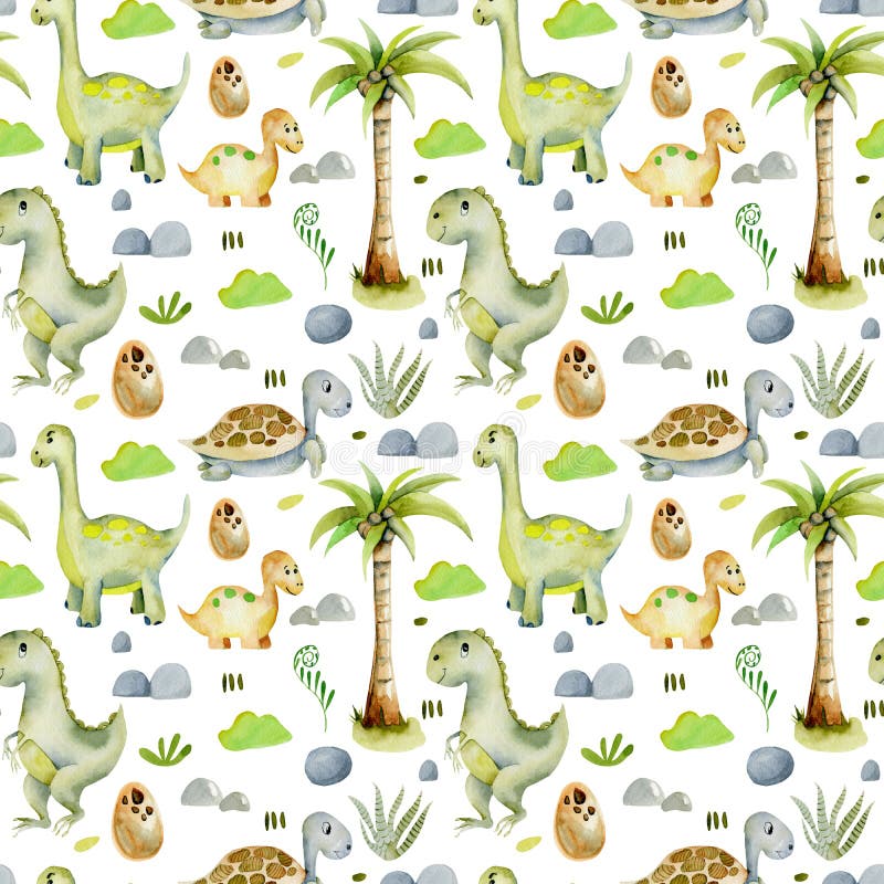 Modelo inconsútil de los dinosaurios lindos de la acuarela y de las tortugas prehistóricas ilustración del vector