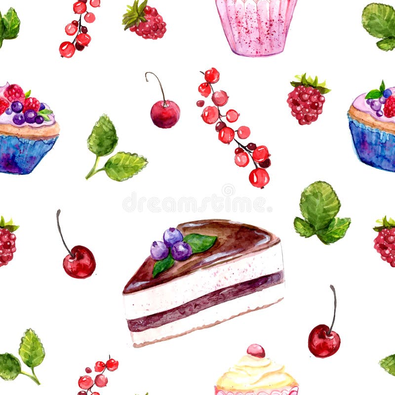 Modelo inconsútil de los postres de la acuarela con las tortas, la pasa roja y las cerezas ilustración del vector Modelo inconsútil de los postres de la acuarela con las tortas, la pasa roja y las cerezas ilustración del vector