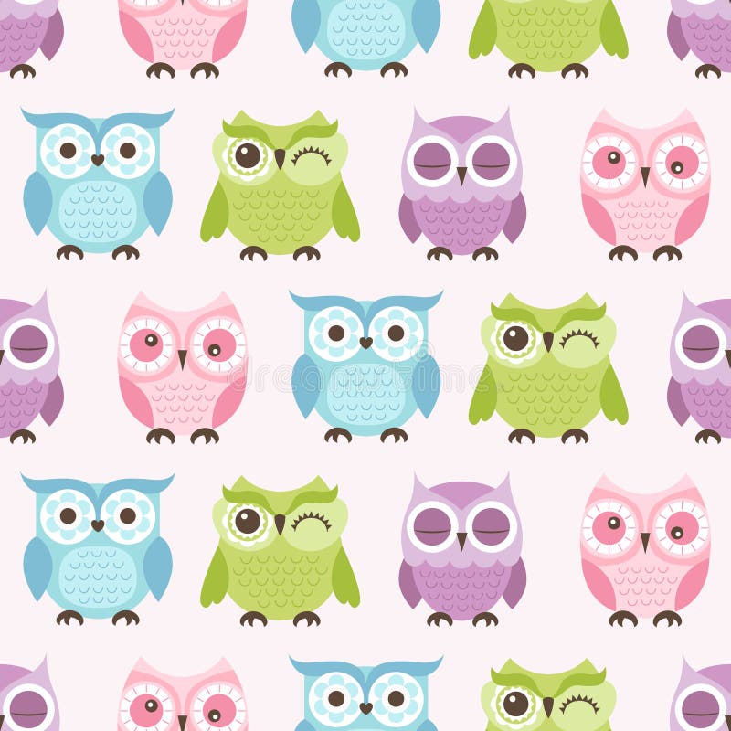 Modelo inconsútil de los pájaros de los búhos de la historieta stock de ilustración Modelo inconsútil de los pájaros de los búhos de la historieta stock de ilustración