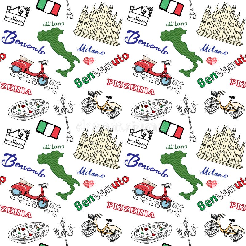 Modelo inconsútil de Milan Italy con la catedral dibujada mano del Duomo de los elementos del bosquejo, la bandera, el mapa, la p ilustración del vector Modelo inconsútil de Milan Italy con la catedral dibujada mano del Duomo de los elementos del bosquejo, la bandera, el mapa, la p ilustración del vector