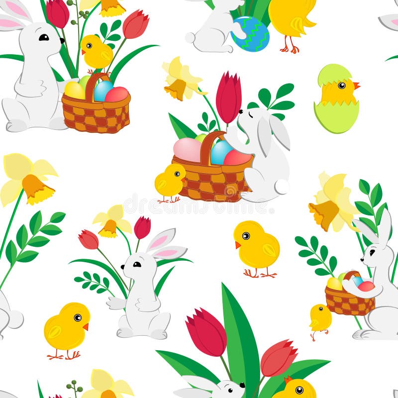 Modelo inconsútil de Pascua con los conejitos lindos, los huevos pintados en una cesta de mimbre, los pollos mullidos, los tulipa stock de ilustración Modelo inconsútil de Pascua con los conejitos lindos, los huevos pintados en una cesta de mimbre, los pollos mullidos, los tulipa stock de ilustración