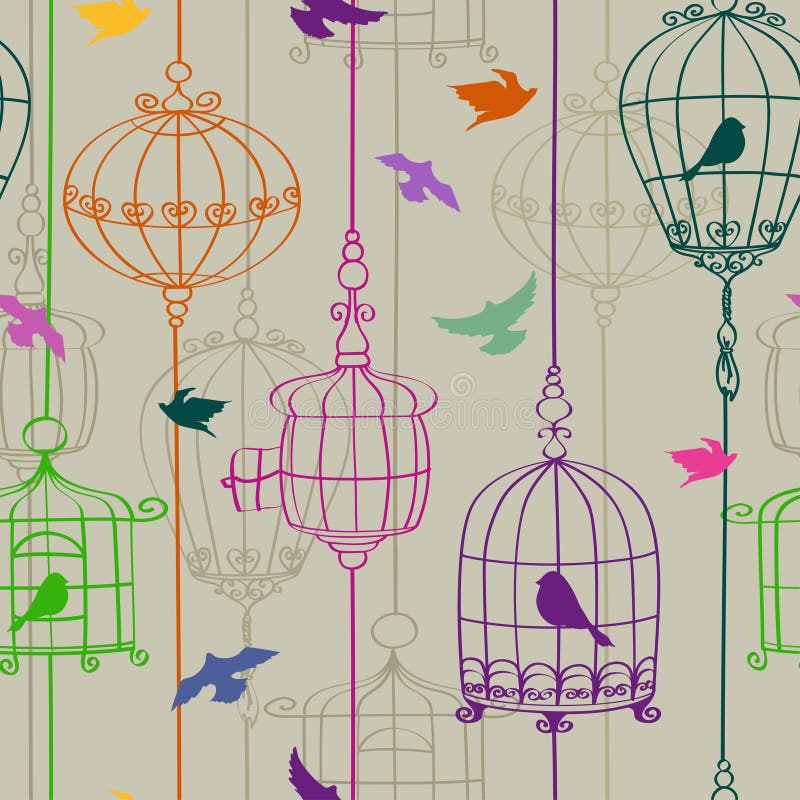 Modelo inconsútil de pájaros y de jaulas ilustración del vector Modelo inconsútil de pájaros y de jaulas ilustración del vector