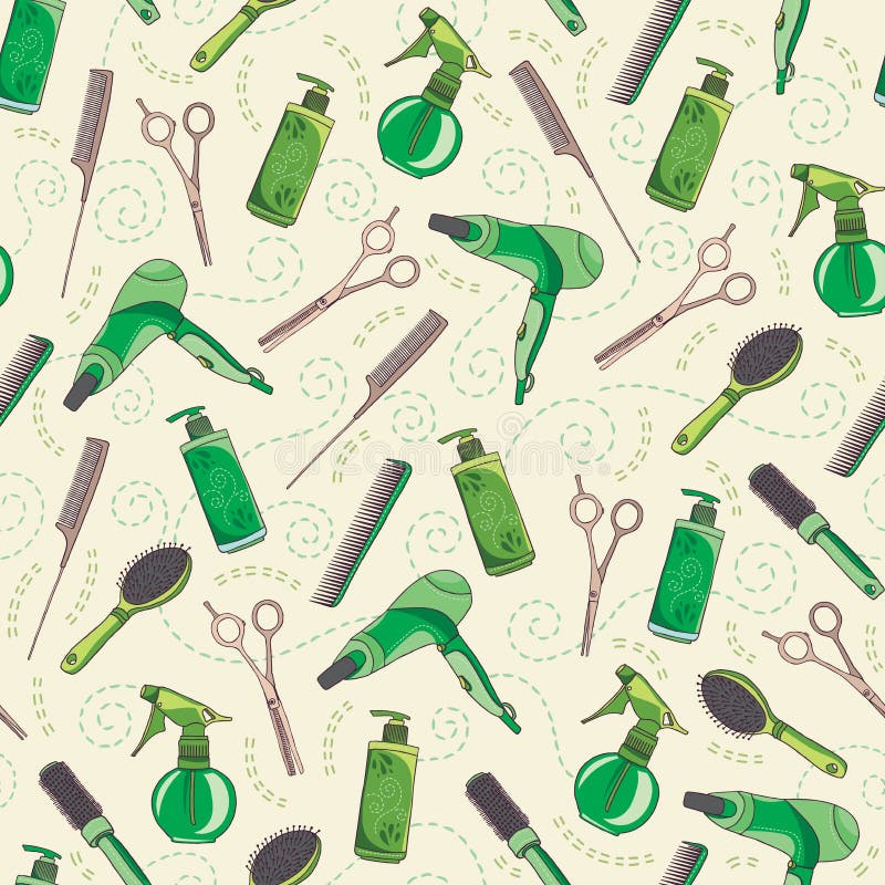 Modelo inconsútil del arte del pelo El pelo cortó el fondo profesional del salón en colores de verde y de beige Equipo del ` s de stock de ilustración Modelo inconsútil del arte del pelo El pelo cortó el fondo profesional del salón en colores de verde y de beige Equipo del ` s de stock de ilustración