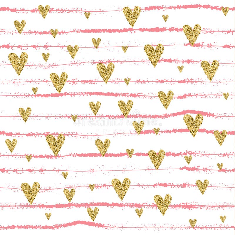 Vector Gold glittering heart confetti seamless pattern on striped background. gold pink and white. Vector Gold glittering heart confetti seamless pattern on striped background. gold pink and white