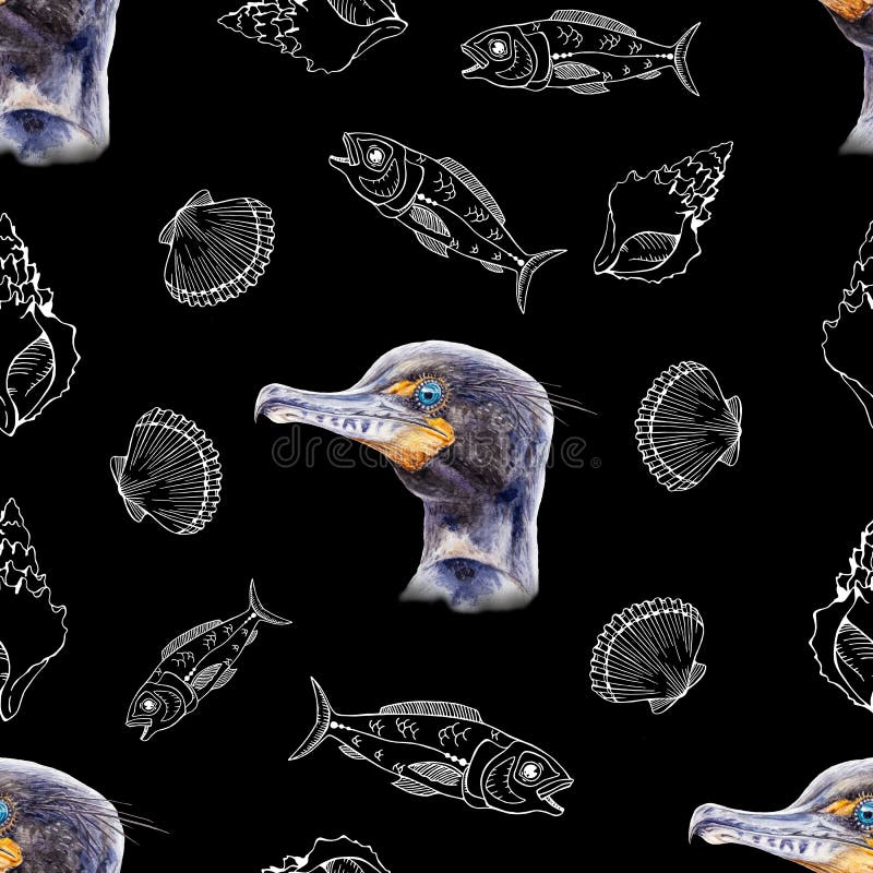 Modelo inconsútil del cormorán de la acuarela mezclado con las imágenes blancas de pescados y de la cáscara Pájaro exhausto de la stock de ilustración Modelo inconsútil del cormorán de la acuarela mezclado con las imágenes blancas de pescados y de la cáscara Pájaro exhausto de la stock de ilustración