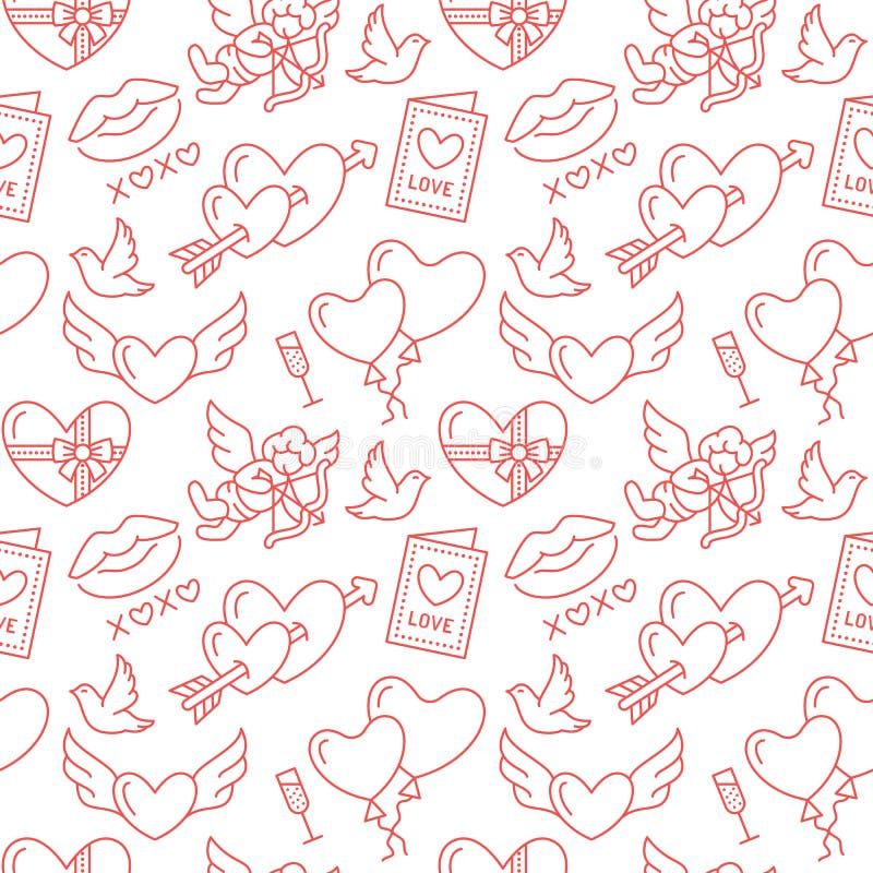 Modelo inconsútil del día de tarjetas del día de San Valentín Ame, línea plana romántica iconos - corazones, chocolate, beso, cup stock de ilustración Modelo inconsútil del día de tarjetas del día de San Valentín Ame, línea plana romántica iconos - corazones, chocolate, beso, cup stock de ilustración