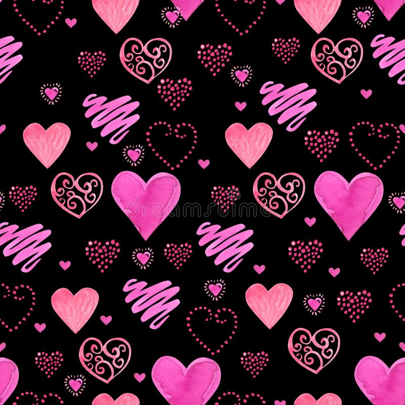 Modelo inconsútil del ejemplo hermoso de la acuarela con los corazones rojos de la acuarela Diseño romántico del fondo en negro ilustración del vector Modelo inconsútil del ejemplo hermoso de la acuarela con los corazones rojos de la acuarela Diseño romántico del fondo en negro ilustración del vector