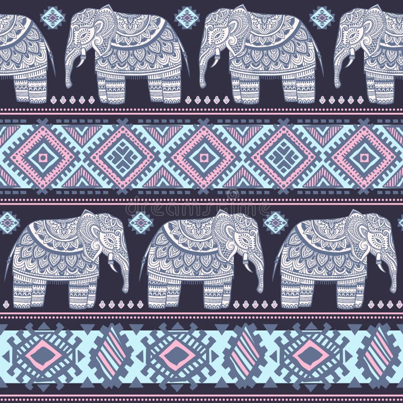Modelo inconsútil del elefante indio del vintage con los ornamentos tribales ilustración del vector Modelo inconsútil del elefante indio del vintage con los ornamentos tribales ilustración del vector