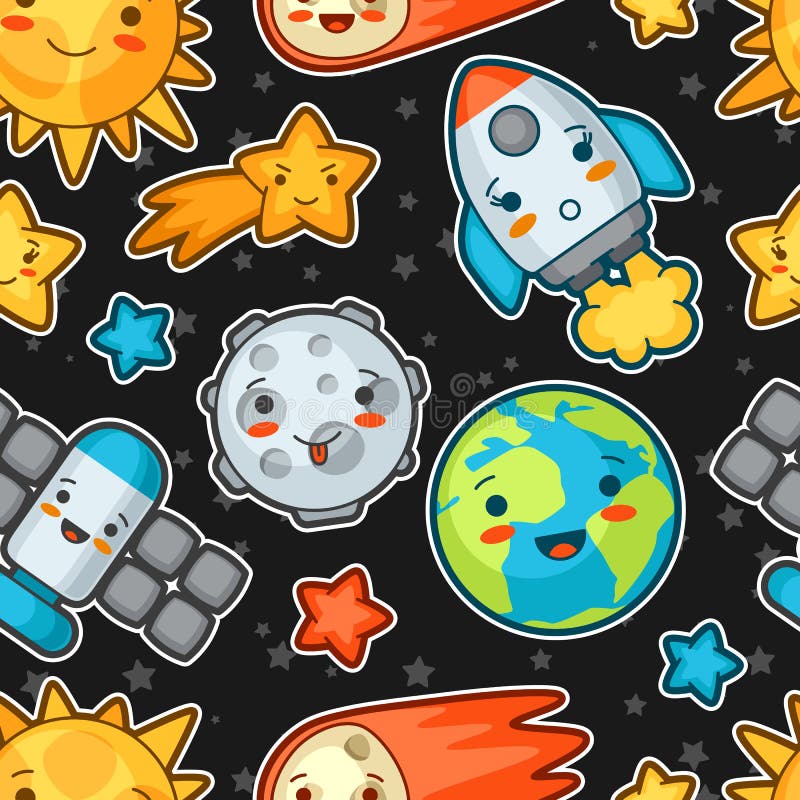 Modelo inconsútil del espacio de Kawaii Garabatos con la expresión bastante facial Ejemplo del sol de la historieta, tierra, luna stock de ilustración Modelo inconsútil del espacio de Kawaii Garabatos con la expresión bastante facial Ejemplo del sol de la historieta, tierra, luna stock de ilustración