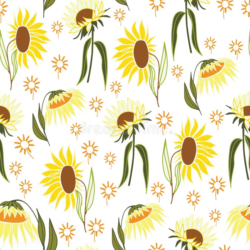 Modelo inconsútil del extracto de la flor del girasol con el fondo blanco stock de ilustración Modelo inconsútil del extracto de la flor del girasol con el fondo blanco stock de ilustración