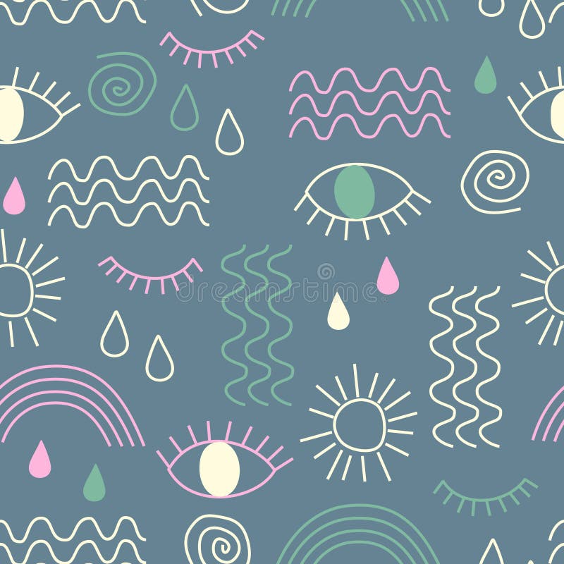 Simple vector abstract seamless pattern with eyes, waves, sun, drops, rainbow. Seamless pattern for wallpapers, pattern fills, web backgrounds, surface textures, textile. Simple vector abstract seamless pattern with eyes, waves, sun, drops, rainbow. Seamless pattern for wallpapers, pattern fills, web backgrounds, surface textures, textile.