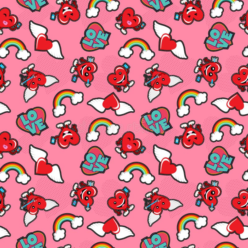 Modelo inconsútil del icono del remiendo del amor del día de tarjetas del día de San Valentín ilustración del vector Modelo inconsútil del icono del remiendo del amor del día de tarjetas del día de San Valentín ilustración del vector