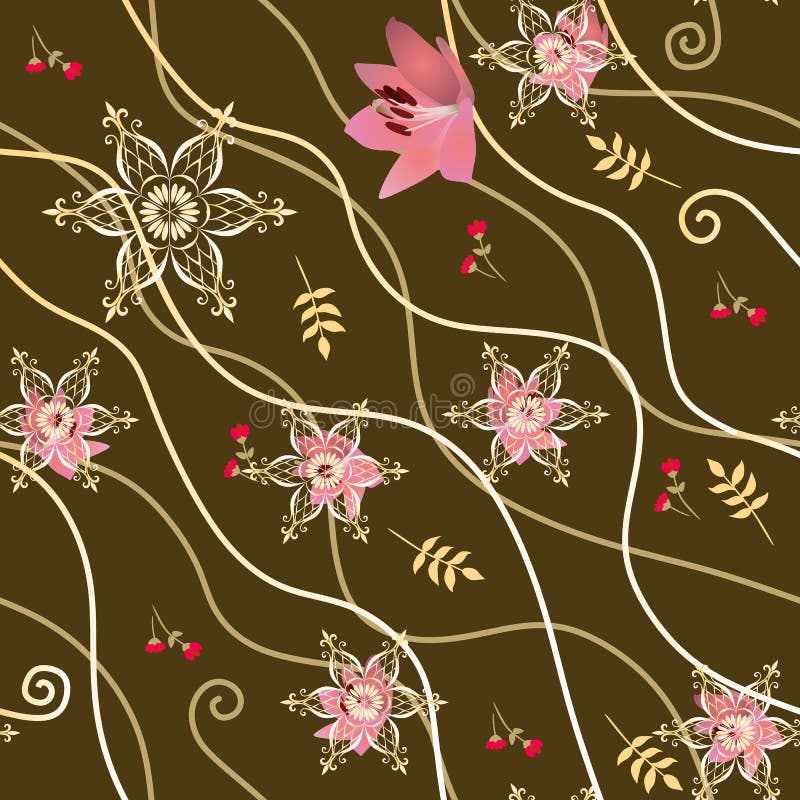 Modelo inconsútil del otoño con las líneas de la curva, las flores rosadas del lirio, los brotes rojos, las hojas amarillas y los libre illustration Modelo inconsútil del otoño con las líneas de la curva, las flores rosadas del lirio, los brotes rojos, las hojas amarillas y los libre illustration