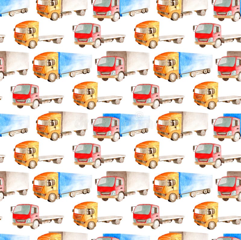 Modelo inconsútil del transporte de diversos colores, formas y tipos de camiones y de furgonetas ilustración del vector Modelo inconsútil del transporte de diversos colores, formas y tipos de camiones y de furgonetas ilustración del vector