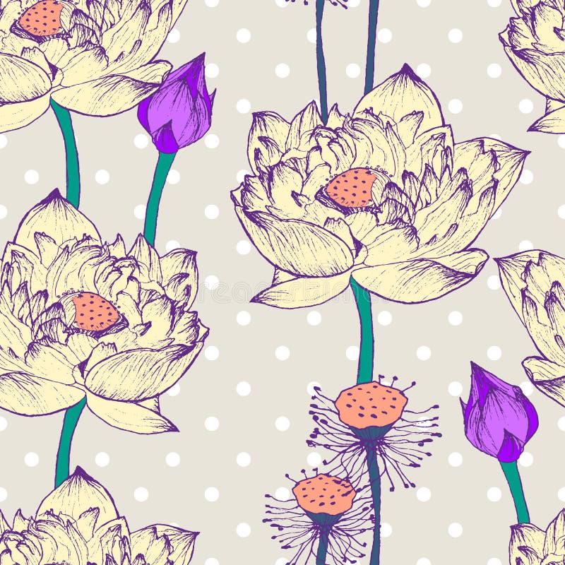 Modelo inconsútil del vector con la flor y los puntos de loto ilustración del vector Modelo inconsútil del vector con la flor y los puntos de loto ilustración del vector