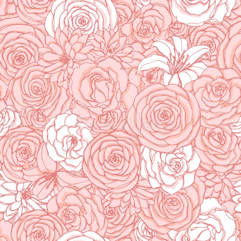 Modelo inconsútil del vector con las flores de la rosa, del lirio, de la peonía y del crisantemo de los colores del rosa y blanco stock de ilustración Modelo inconsútil del vector con las flores de la rosa, del lirio, de la peonía y del crisantemo de los colores del rosa y blanco stock de ilustración