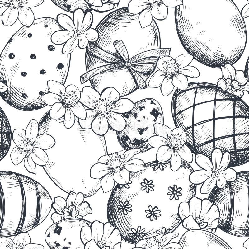 Modelo inconsútil del vector con los huevos de Pascua de la mano y las flores adornados exhaustos de la primavera ilustración del vector Modelo inconsútil del vector con los huevos de Pascua de la mano y las flores adornados exhaustos de la primavera ilustración del vector
