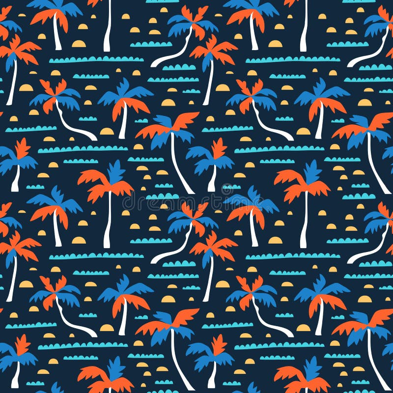 Modelo inconsútil del vector de la playa con la arena, las palmas y las ondas Fondo del hawaiian del vector Diseño de la tela stock de ilustración Modelo inconsútil del vector de la playa con la arena, las palmas y las ondas Fondo del hawaiian del vector Diseño de la tela stock de ilustración