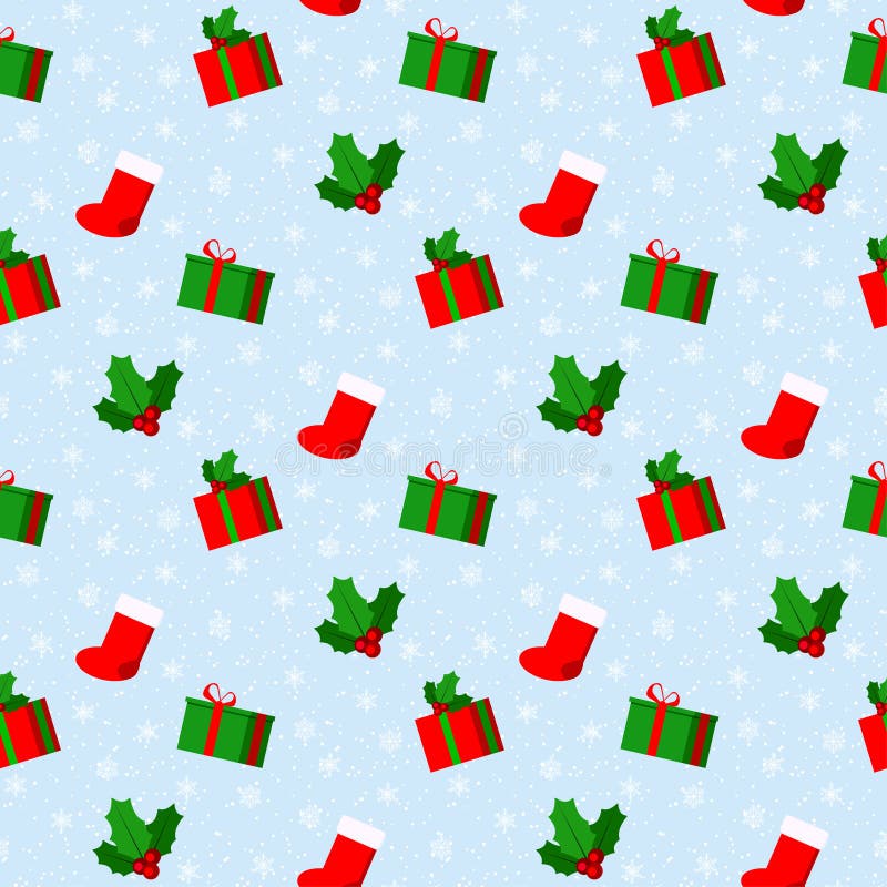 Modelo inconsútil del vector lindo de la Feliz Navidad con la nieve y los copos de nieve, calcetines rojos, caja de regalo, rama stock de ilustración Modelo inconsútil del vector lindo de la Feliz Navidad con la nieve y los copos de nieve, calcetines rojos, caja de regalo, rama stock de ilustración