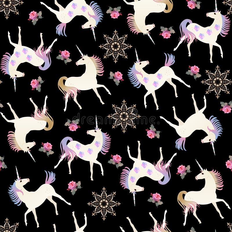 Modelo inconsútil del vintage exhausto de la mano con unicornios de hadas, flores de oro de la mandala y rosas rosadas en fondo n stock de ilustración Modelo inconsútil del vintage exhausto de la mano con unicornios de hadas, flores de oro de la mandala y rosas rosadas en fondo n stock de ilustración