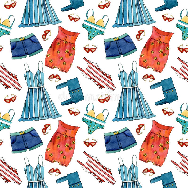Modelo inconsútil dibujado mano del verano con el vestido, pantalones cortos, vidrios de sol, traje de natación stock de ilustración Modelo inconsútil dibujado mano del verano con el vestido, pantalones cortos, vidrios de sol, traje de natación stock de ilustración