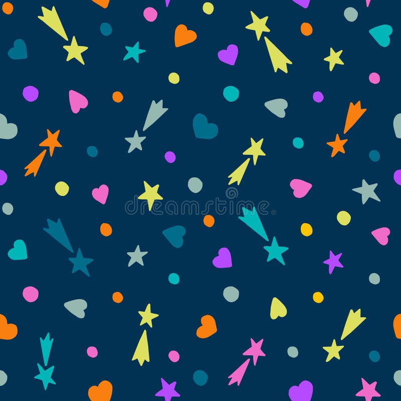 Modelo inconsútil drenado mano Estrellas, corazones y círculos el caer en un fondo azul marino libre illustration Modelo inconsútil drenado mano Estrellas, corazones y círculos el caer en un fondo azul marino libre illustration