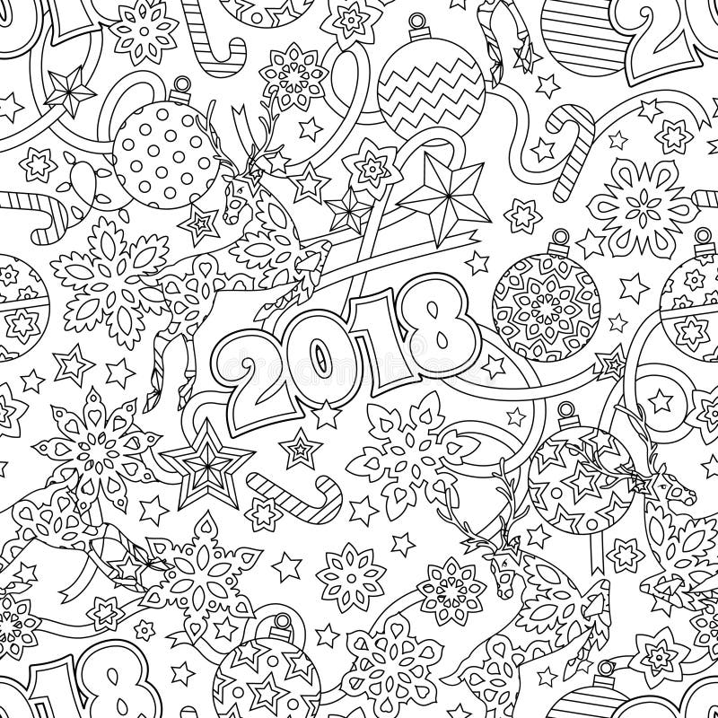Modelo inconsútil festivo dibujado mano del esquema del Año Nuevo 2018 con los copos de nieve, las bolas de la Navidad, los cierv libre illustration Modelo inconsútil festivo dibujado mano del esquema del Año Nuevo 2018 con los copos de nieve, las bolas de la Navidad, los cierv libre illustration