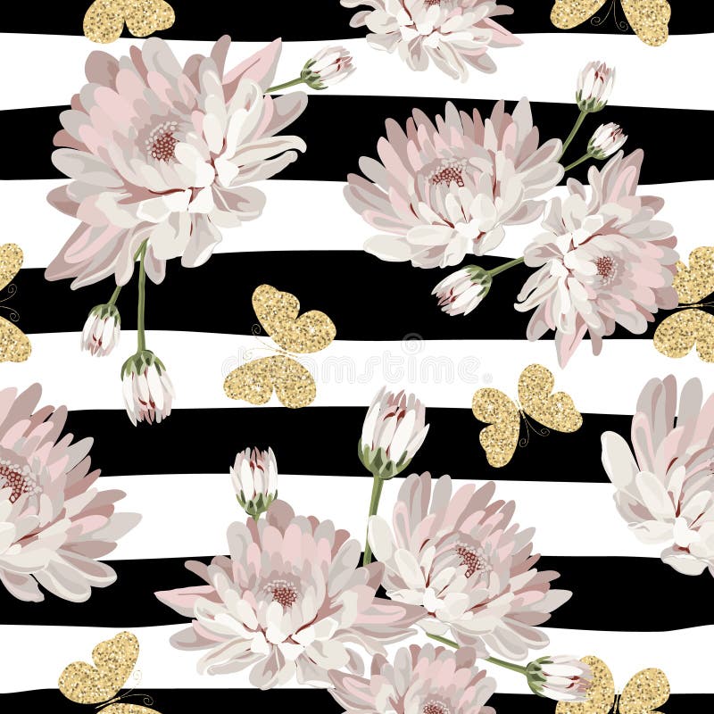Floral seamless pattern. Chrysanthemums with glittering butterflies on black and white striped background. Vector illustration. Floral seamless pattern. Chrysanthemums with glittering butterflies on black and white striped background. Vector illustration.